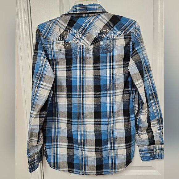 HELIX Shirt Boys Size XL Plaid Long Sleeve Roll Up Pockets Skull Skater See Pics - Picture 7 of 10